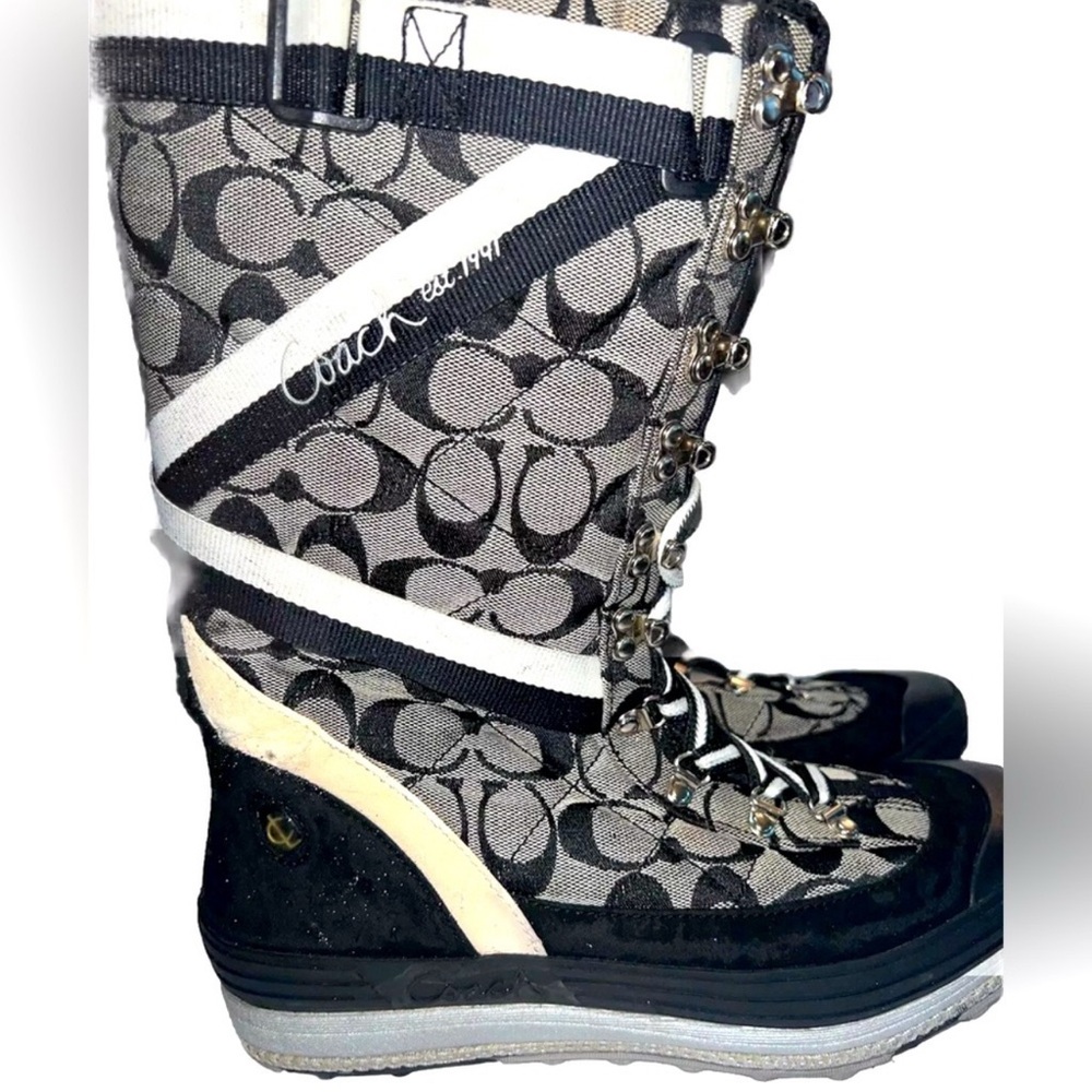 COACH Marian Lace Up Monogram Logo Insulated Mid Calf Boot Size 10 Black Cream